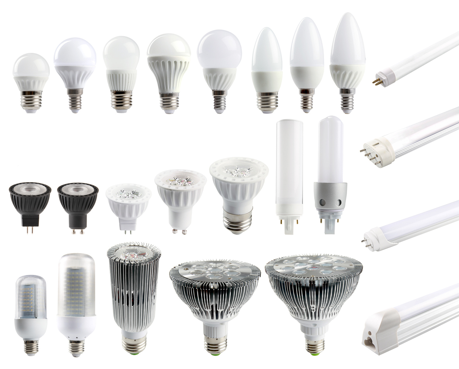 A large set of LED bulbs isolated on white background.